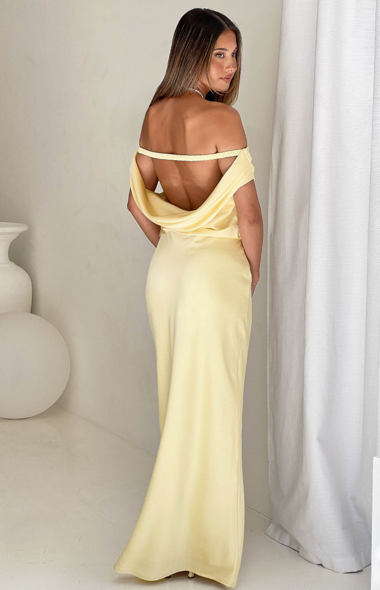 Corina Yellow Satin Formal Maxi Dress — 1