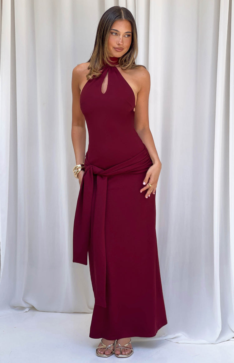 Paulina Burgundy Jersey Halter Neck Formal Dress — 2