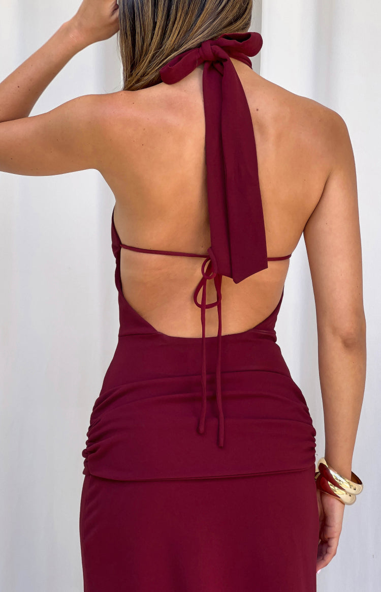 Paulina Burgundy Jersey Halter Neck Formal Dress — 4