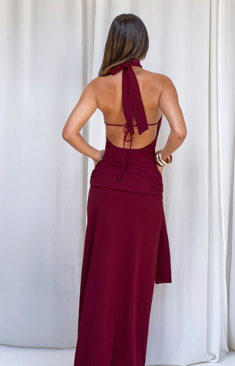 Paulina Burgundy Jersey Halter Neck Formal Dress — 5