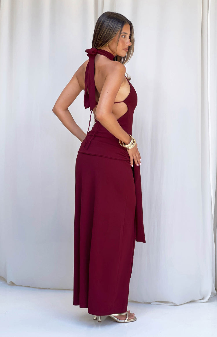 Paulina Burgundy Jersey Halter Neck Formal Dress — 6