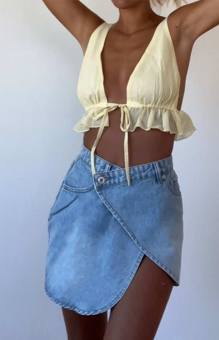 Alcmene Denim Asymmetrical Wrap Mini Skirt — 1