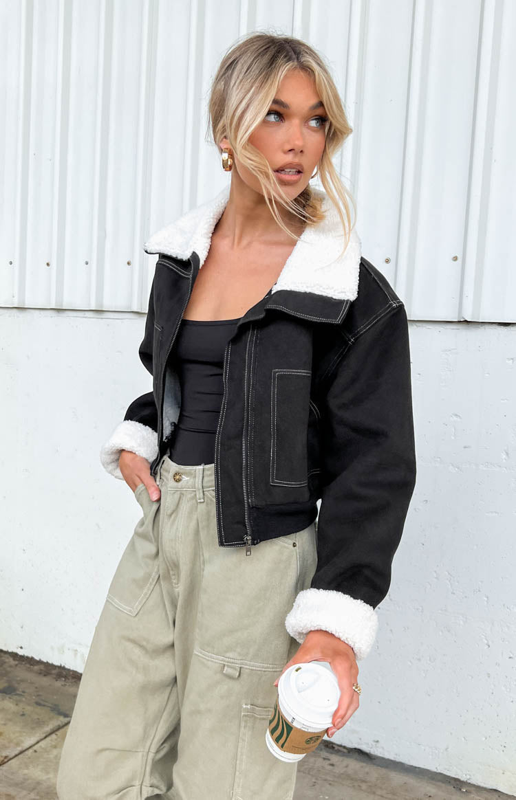 Indy Black Denim Sherpa Jacket — 1