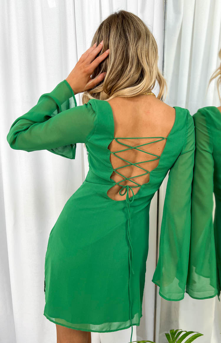 Amalfi Green Long Sleeve Lace Up Mini Dress — 5