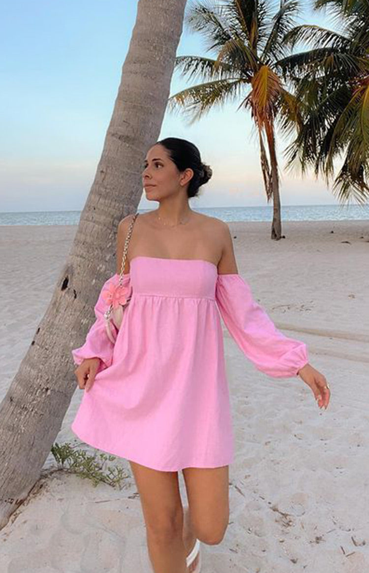 Koa Pink Off Shoulder Linen Mini Dress — 1