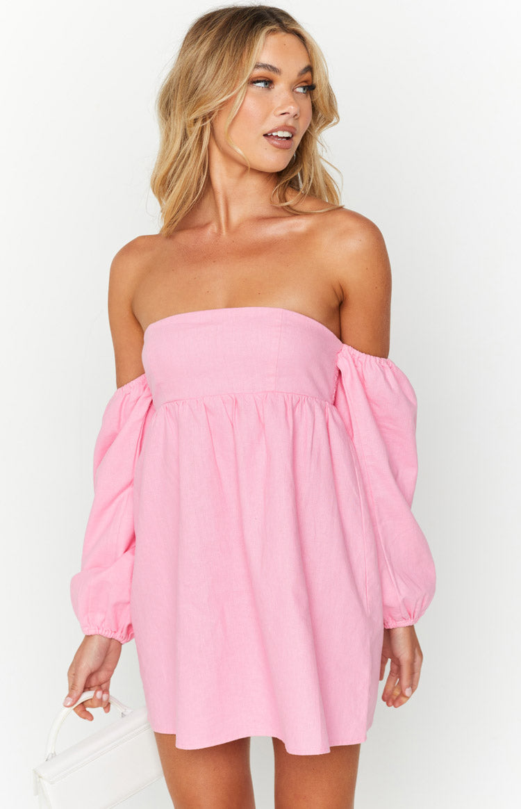 Koa Pink Off Shoulder Linen Mini Dress — 3
