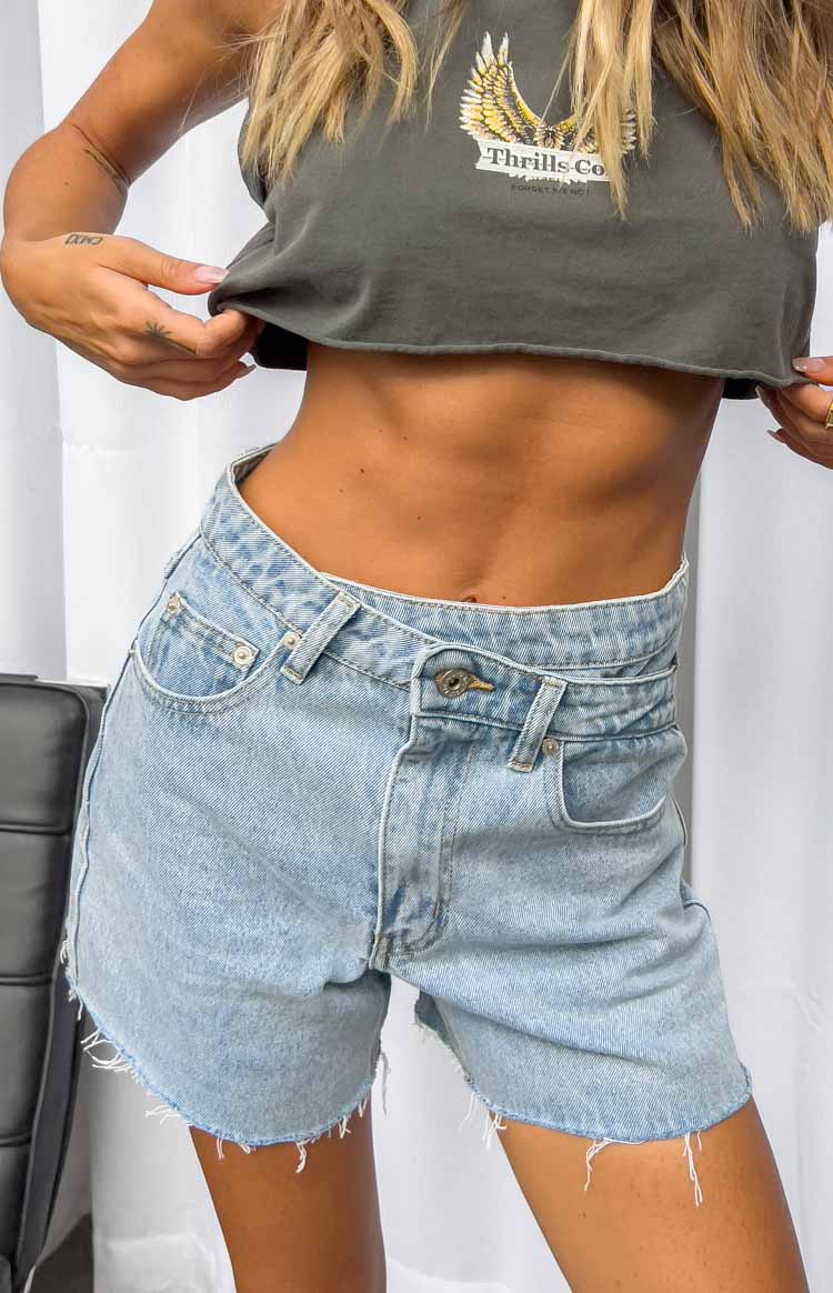 Sundae Blue Denim Asymmetric Shorts — 1