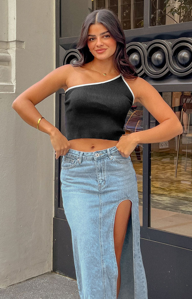 Kenzie Black Contrast Bind One Shoulder Top — 1