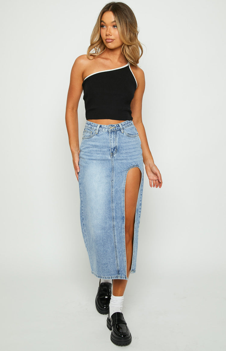 Kenzie Black Contrast Bind One Shoulder Top — 5
