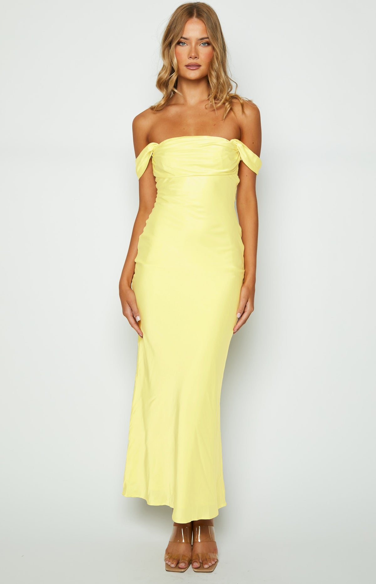 Ella Light Yellow Off Shoulder Formal Maxi Dress — 2
