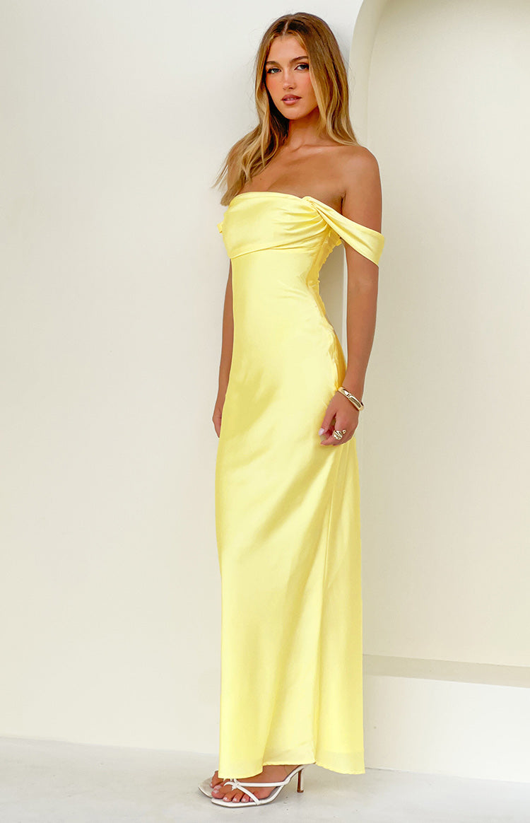 Ella Light Yellow Off Shoulder Formal Maxi Dress — 3
