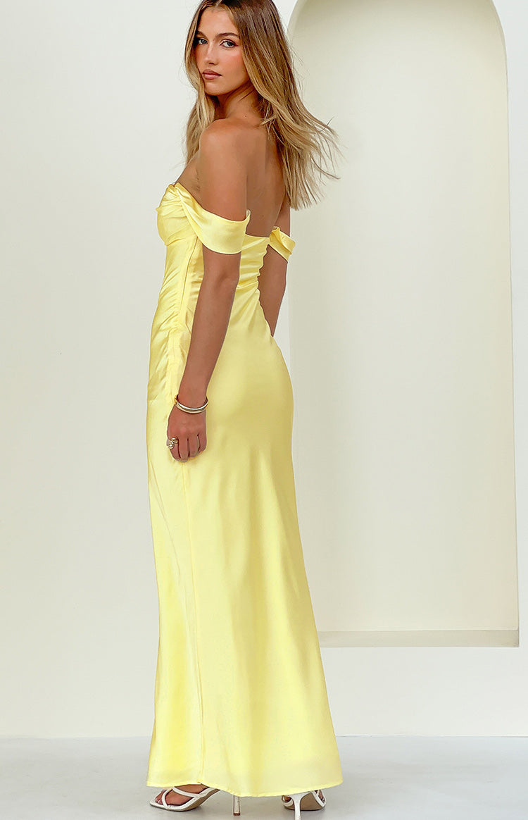Ella Light Yellow Off Shoulder Formal Maxi Dress — 4