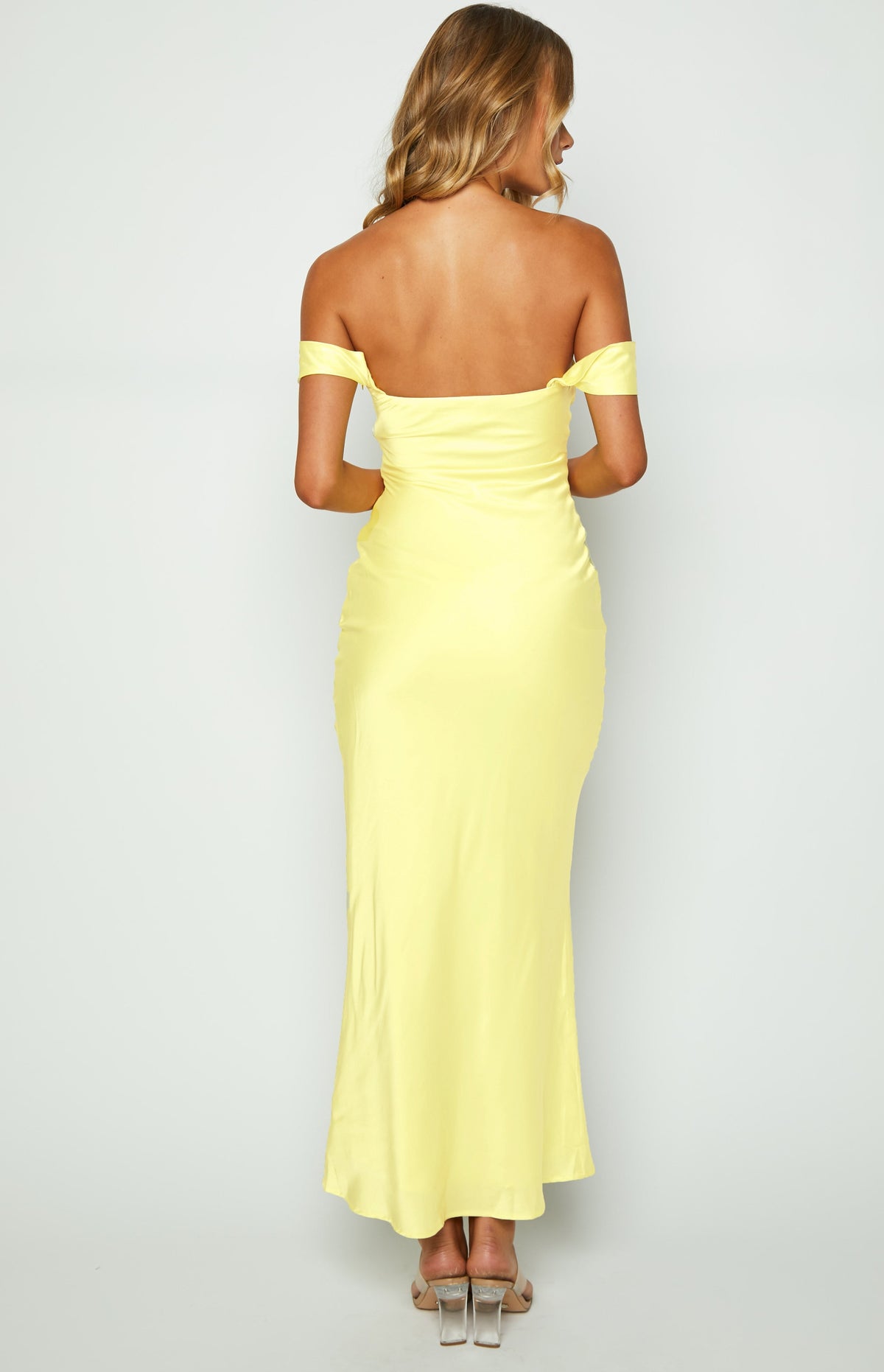 Ella Light Yellow Off Shoulder Formal Maxi Dress — 8