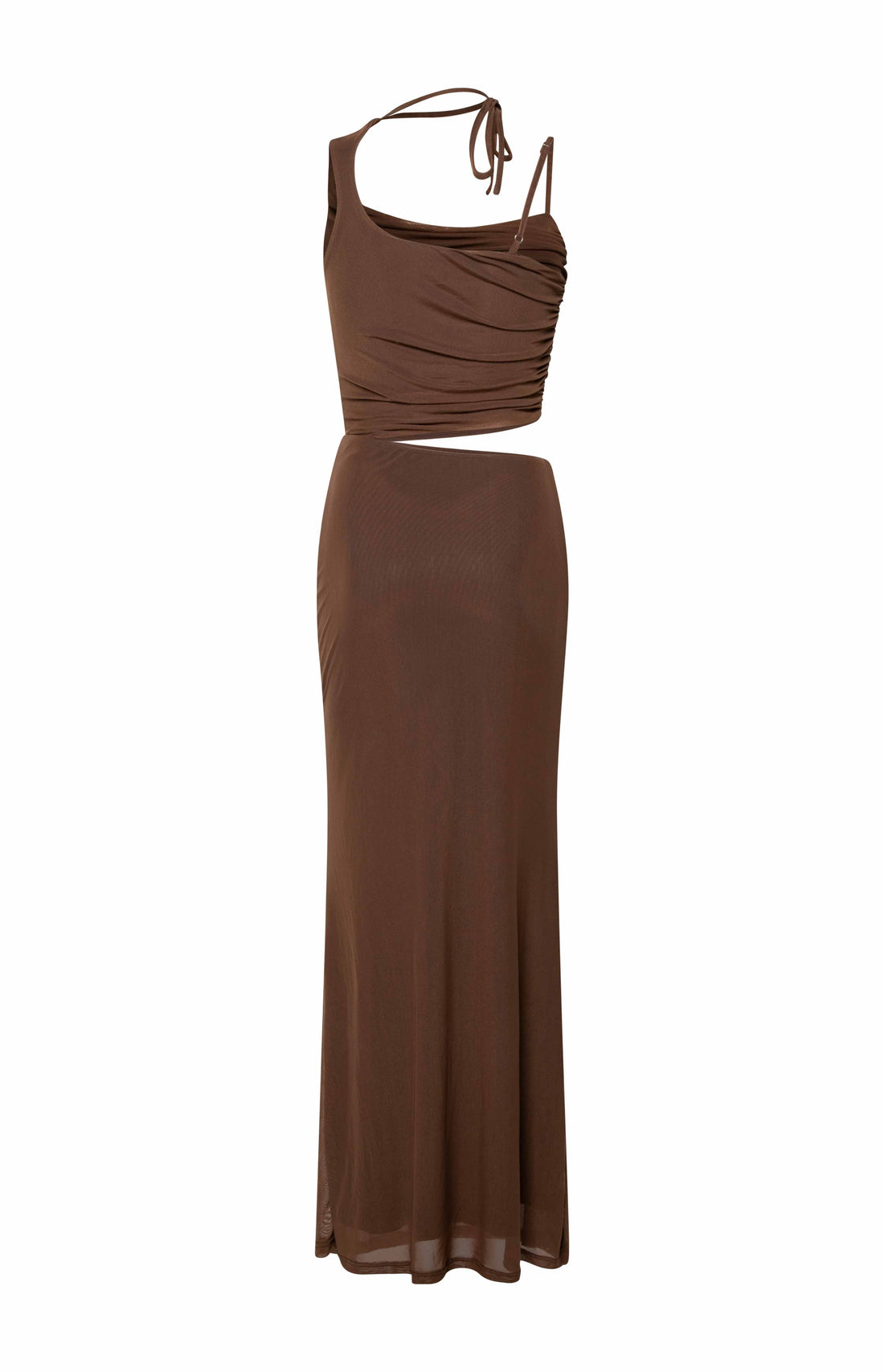 Graciela Brown Tie Neck Mesh Maxi Dress — 1