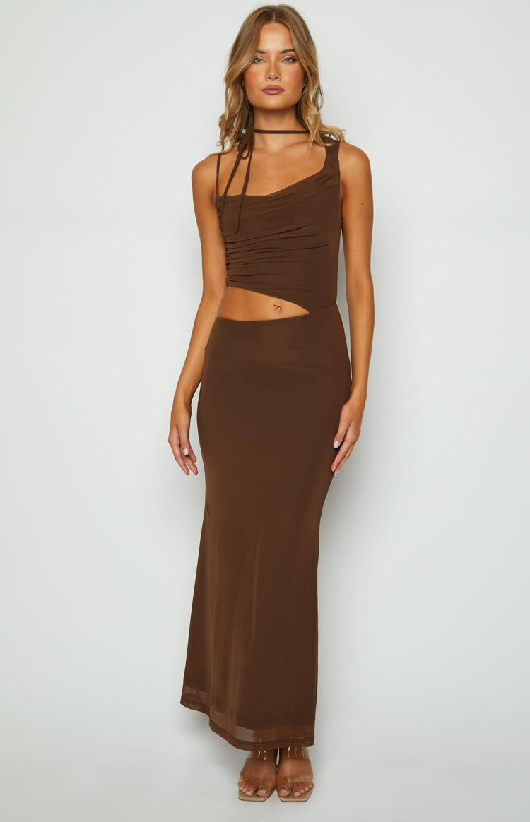 Graciela Brown Tie Neck Mesh Maxi Dress — 3