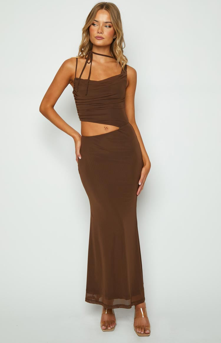 Graciela Brown Tie Neck Mesh Maxi Dress — 4