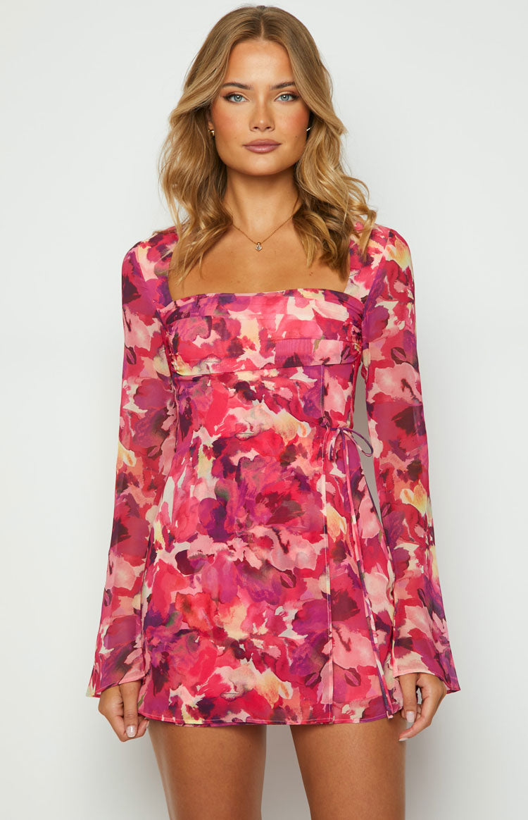 Lucy Pink Print Long Sleeve Mini Dress — 1
