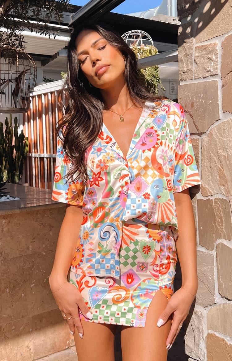 Resort Summer Print Satin Mini Skirt — 1