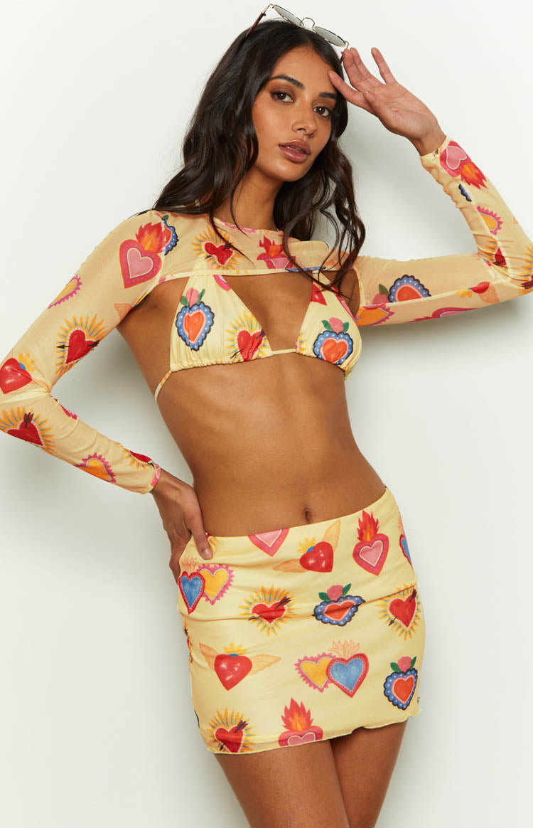 Rosaline Yellow Heart Printed Mesh Mini Skirt — 4