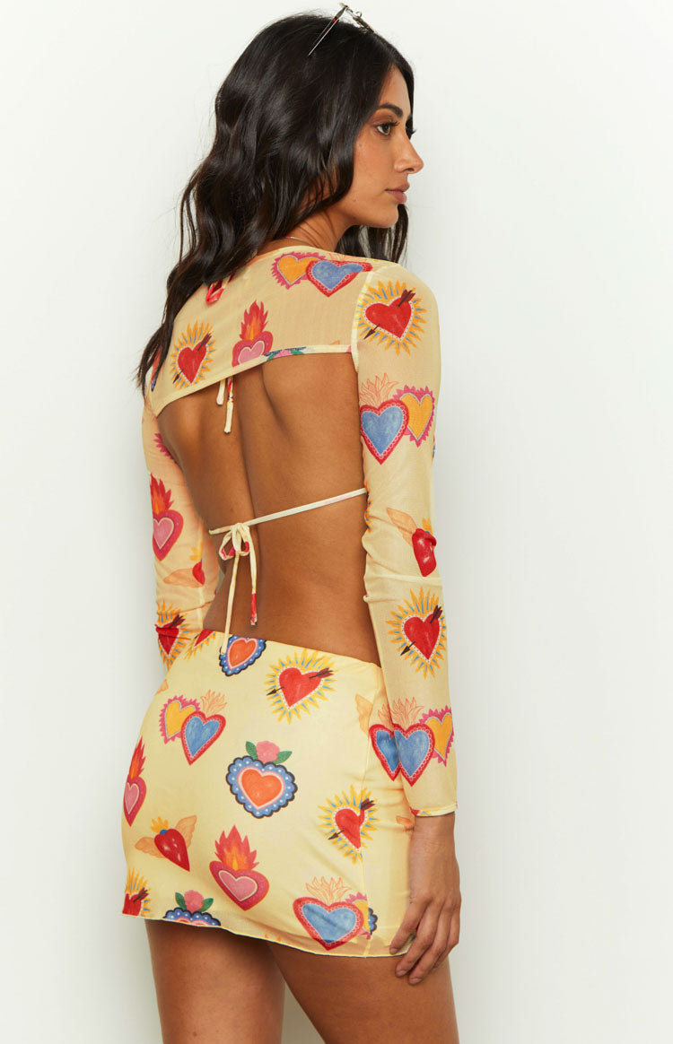 Rosaline Yellow Heart Printed Mesh Mini Skirt — 6
