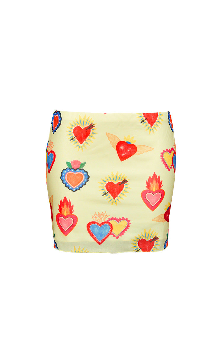 Rosaline Yellow Heart Printed Mesh Mini Skirt — 7