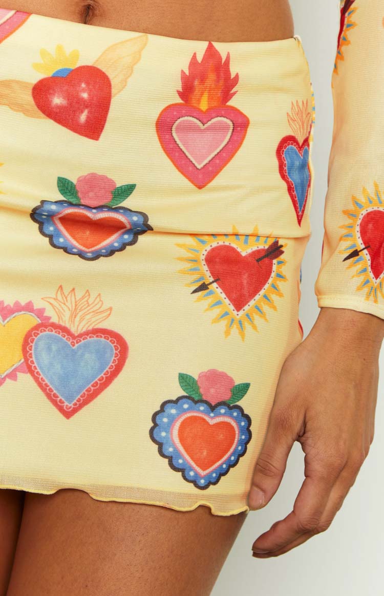 Rosaline Yellow Heart Printed Mesh Mini Skirt — 8