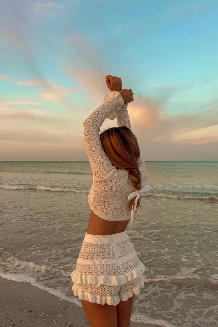 Lorri White Knit Ruffle Shorts — 3