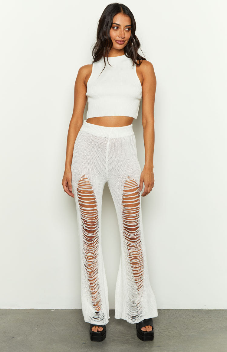 Aviva White Ladder Knit Flare Pants — 3