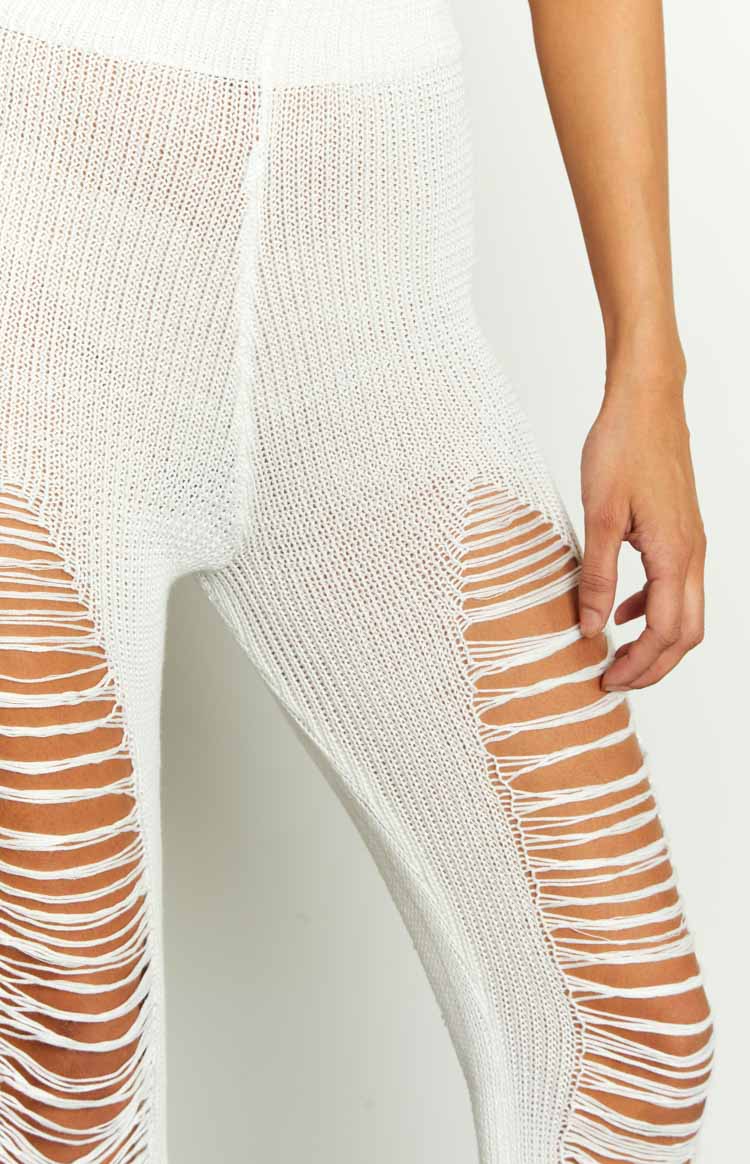 Aviva White Ladder Knit Flare Pants — 6