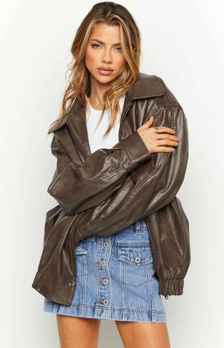Abbi PU Vintage Brown Bomber Jacket — 1