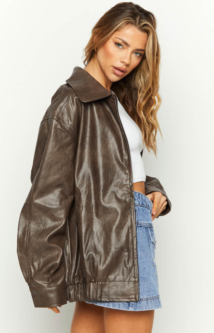 Abbi PU Vintage Brown Bomber Jacket — 9