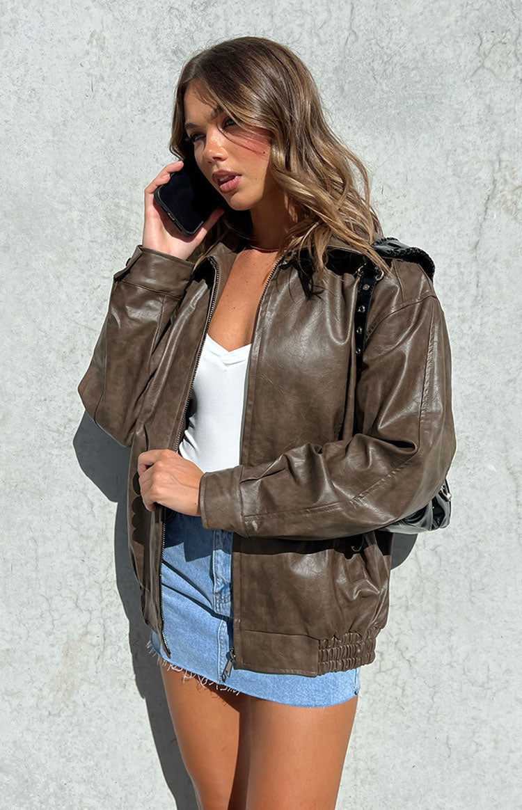 Abbi PU Vintage Brown Bomber Jacket — 25