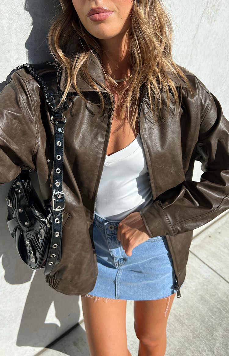 Abbi PU Vintage Brown Bomber Jacket — 26