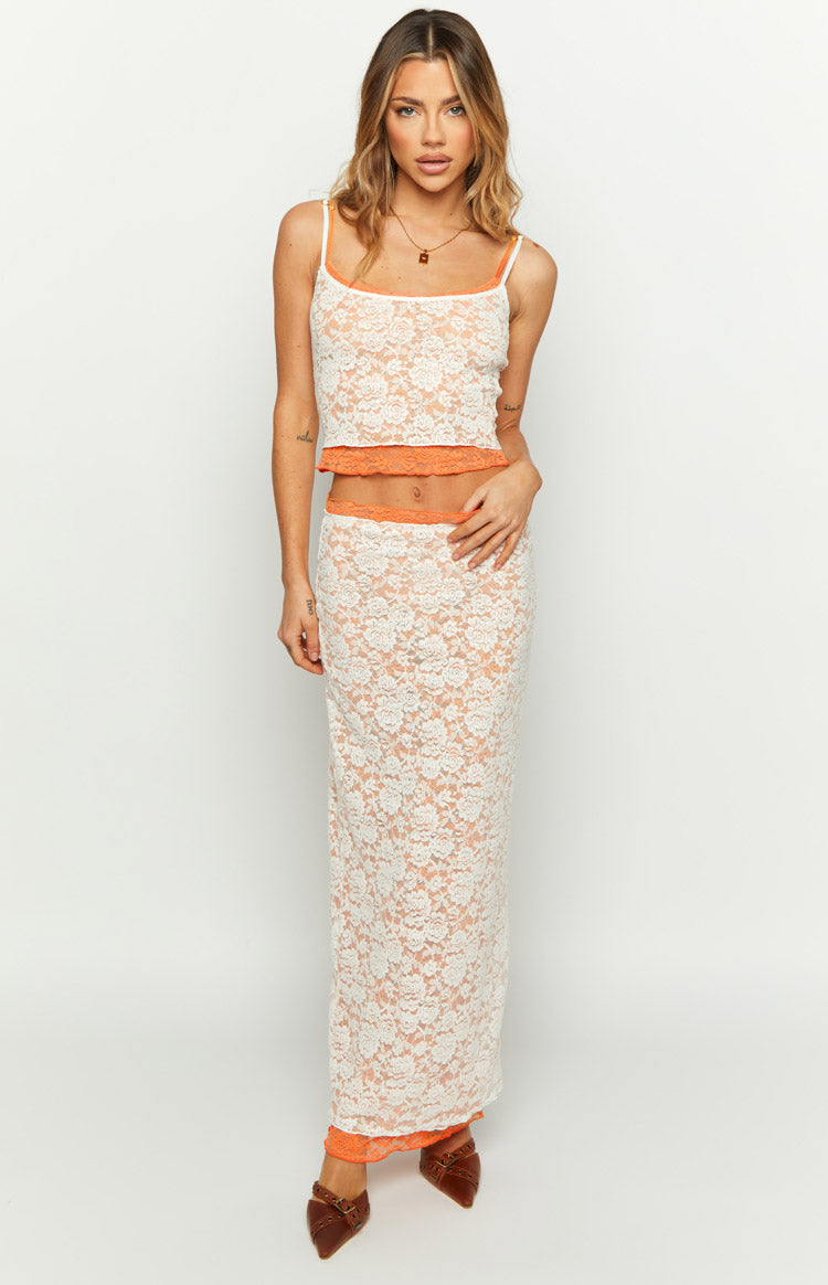Willow Orange Contrast Lace Midi Skirt — 4