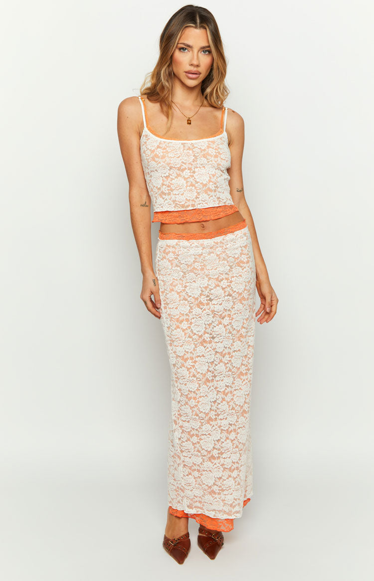 Willow Orange Contrast Lace Midi Skirt — 3