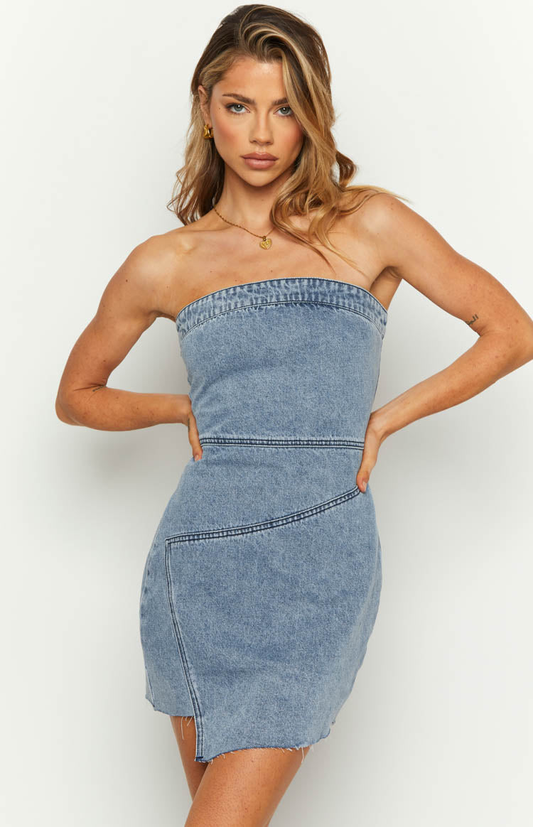 Jasmine Mid Wash Denim Wrap Front Mini Dress — 1