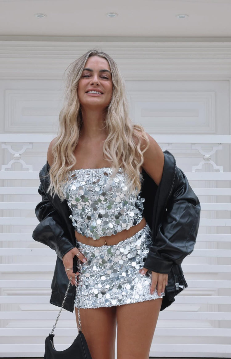 Emiko Silver Sequin Mini Skirt — 1