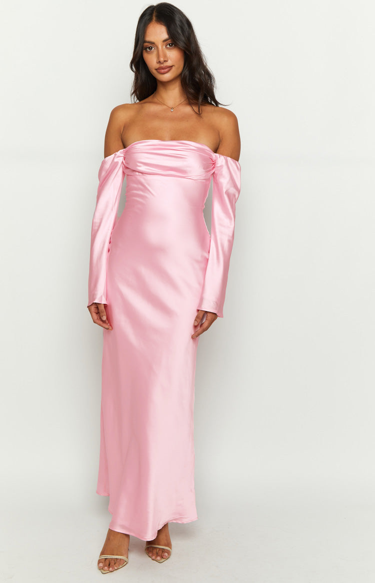 Alita Baby Pink Off The Shoulder Long Sleeve Maxi Formal Dress — 1