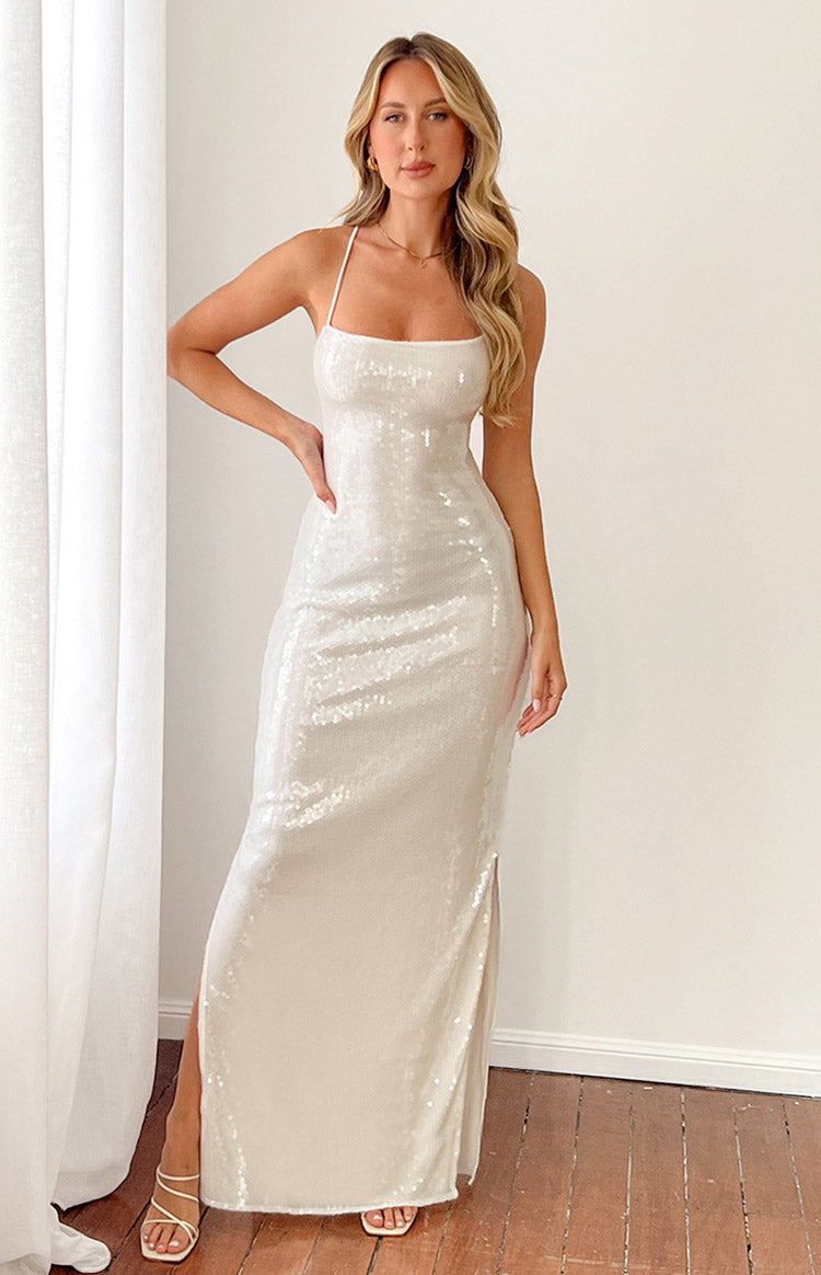 Manhattan White Sequin Slip Maxi Formal Dress — 7