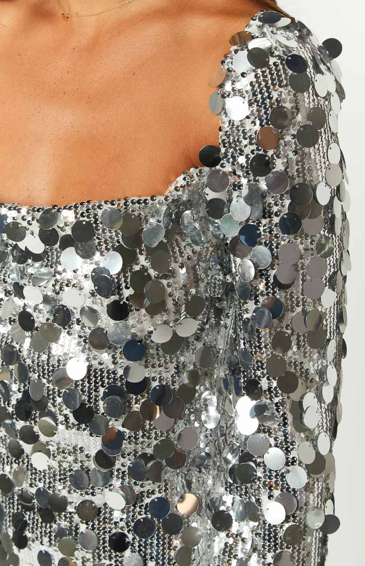 Marienne Silver Large Sequin Long Sleeve Mini Dress — 6