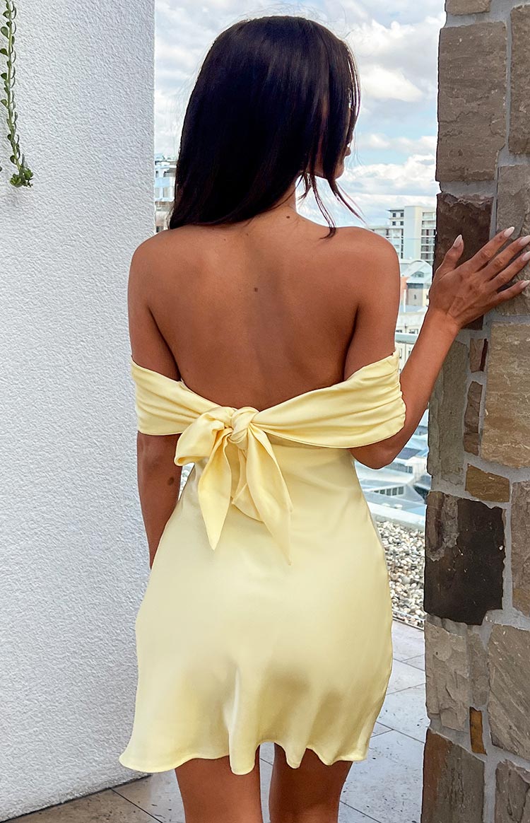Primrose Yellow Satin Off the Shoulder Mini Dress — 1