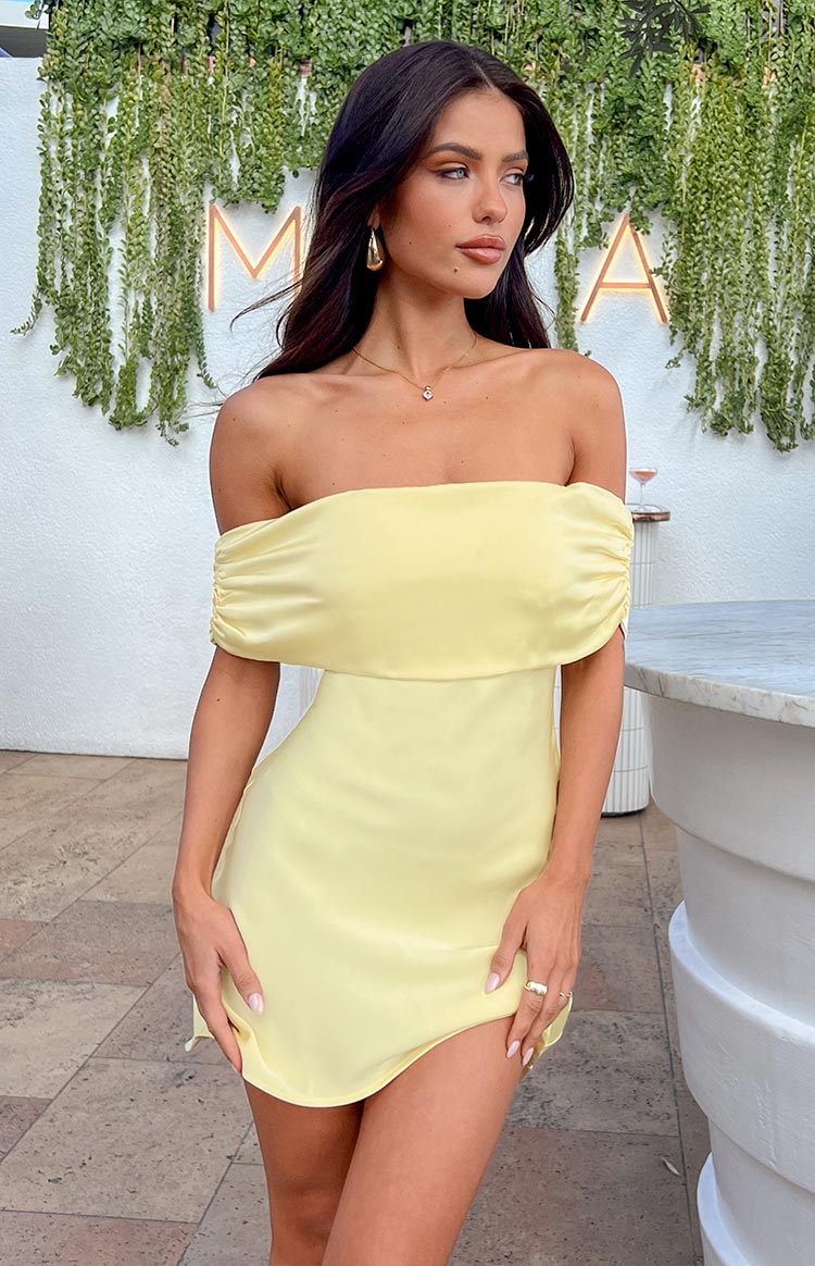 Primrose Yellow Satin Off the Shoulder Mini Dress — 8