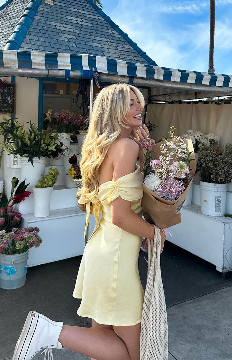 Primrose Yellow Satin Off the Shoulder Mini Dress — 10