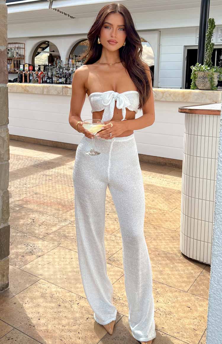 Disco White Sequin Knit Pants — 8