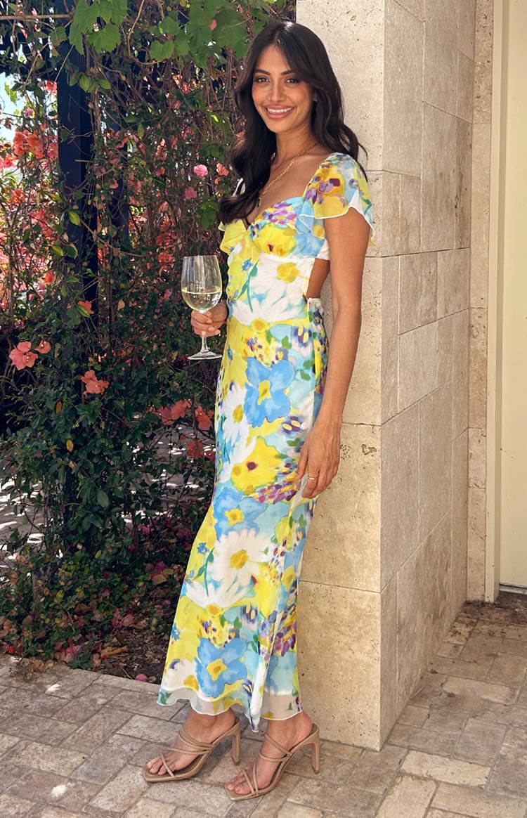 Raymi Blue Floral Chiffon Maxi Dress — 1