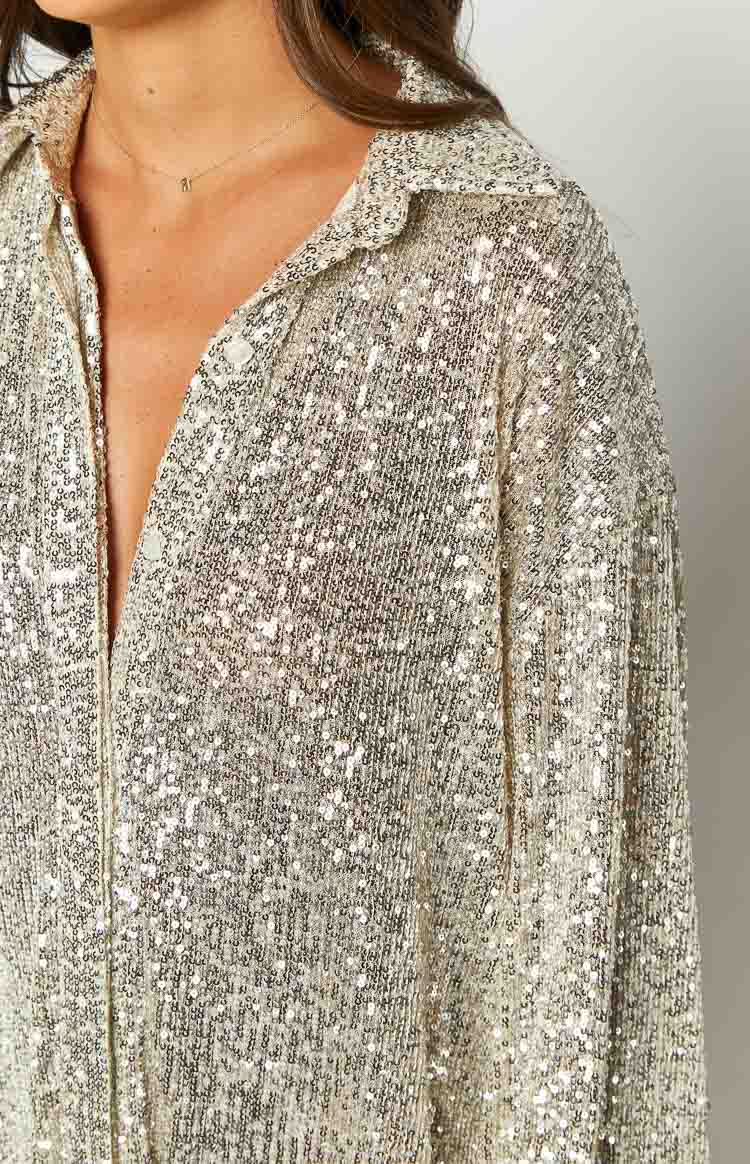 Zariah Gold Sequin Long Sleeve Shirt — 6