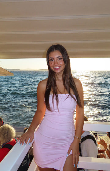Let Go Baby Pink Ruched Mini Dress — 1