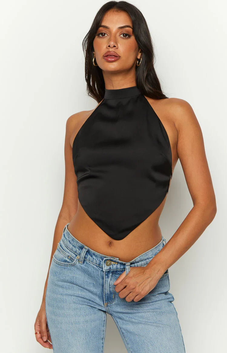 Laylee Black High Neck Satin Top — 3