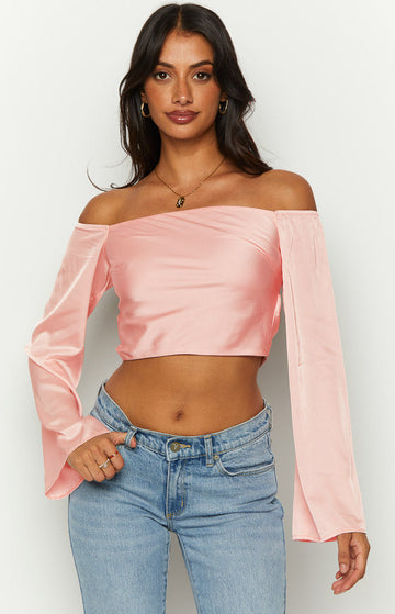 Darcie Pink Satin Long Sleeve Top — 1
