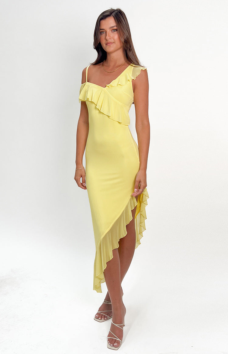 Everleene Yellow Ruffle Mesh Midi Dress — 1